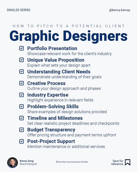 You have a potential client that is interested in your service. How do you pitch to potential clients so they feel assured about hiring you? This checklist can help streamline the pitch and communicate value efficiently.  Follow @kenny.kenray for more tips in branding and design. #businessofdesign #designbusiness #graphicdesigning #graphicdesign #graphicdesigner #graphicdesigntips #creative #creativity #creatives #creativeindustry #creativelife #freelancer #freelancerdesigner #clientexperi... Graphic Design Prices, Graphic Design Checklist, Graphic Design Activities, Business Infographic Design, Graphic Design Courses, Marketing Portfolio, Career Plan, Emotions Posters, Photoshop Tutorial Graphics