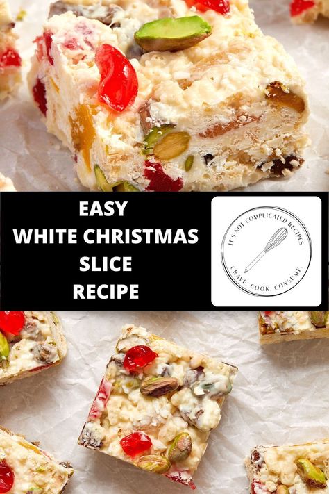 White Christmas Slice is a traditional sweet treat in many Australian households over the festive season. In fact, for many people here in Australia, Christmas would not be the same without this easily-made dessert. Creamy white chocolate, glacé cherries, pistachios, dried apricots and sultanas are combined with rice cereal and coconut for the perfect festive treat. Make this White Christmas recipe a tradition in your household too! Christmas Slice, Complicated Recipes, Rice Bubbles, Australia Christmas, Glace Cherries, Australian Christmas, Christmas Recipe, Slices Recipes, Rice Cereal