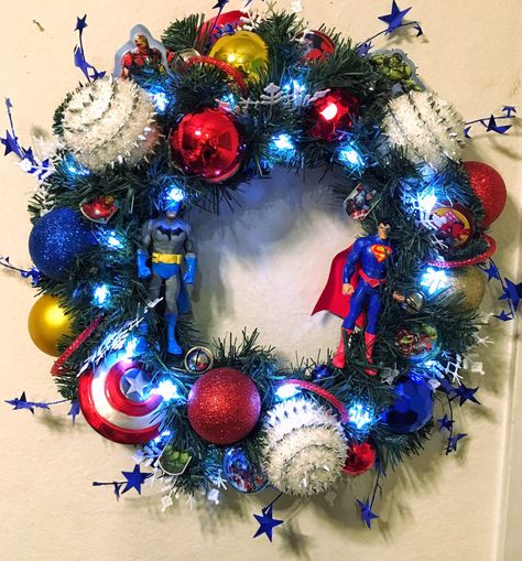 A personal favorite from my Etsy shop https://www.etsy.com/listing/497779477/super-hero-themed-wreath Super Hero Christmas, Superhero Christmas, Ornament Wreath, Super Hero, Light Up, Christmas Wreaths, Wreath, Christmas Decorations, Etsy Shop