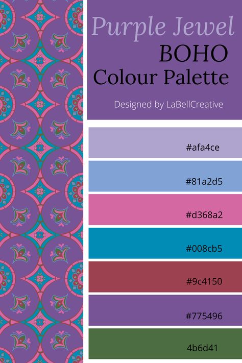 Boho Purple Color Palette, Purple Color Palette Colour Schemes, Hippie Color Palette, Bohemian Colour Palette, Indian Color Palette, Bright Boho Color Palette, Moroccan Color Scheme, Bohemian Colours, Maximalist Color Palette