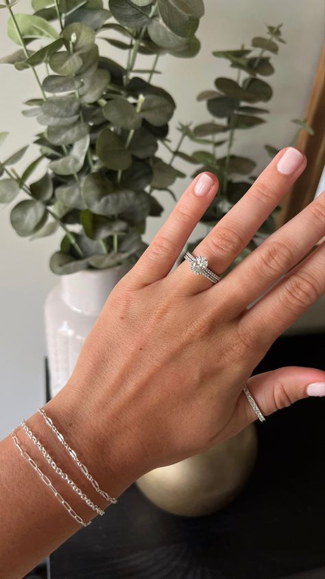 Oval Bridal Set | Accent Ring | Permanent Bracelets Oval Bridal Set, Permanent Bracelet, Bridal Set, Bridal Sets, Bracelet Stack, Ring Bracelet, Ear Piercings, Wedding Jewelry, Silver Rings