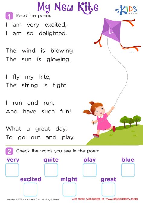 This joyful reading worksheet will capture your child’s attention with colorful kites and a lighthearted poem. Use it to check your child’s memory and reading comprehension! 1st Grade Ideas, Worksheets 1st Grade, Rhyming Words Worksheets, Free Poems, Rhyming Worksheet, Grade 1 Reading, Rhyme Scheme, Kite Festival, Line Game