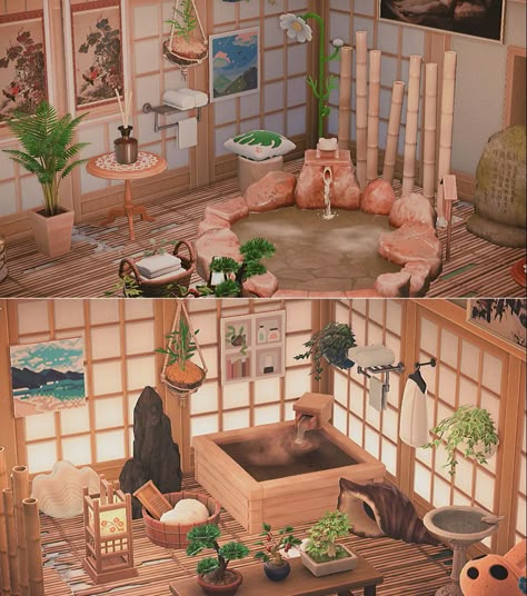 Acnh Bathroom Ideas, Japanese Bathroom Ideas, Japanese Cottage, Japanese Bath House, Spa Room Ideas, Japanese Spa, Japanese Living Room, Japanese Bathroom, Acnh Cottagecore