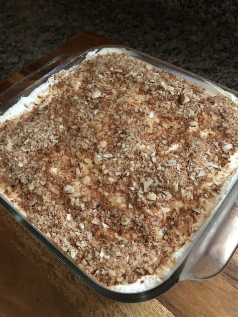 Toasted Almond Tiramisu, Toasted Almond Cream Cake, Italian Almond Cream Cake, Almond Tiramisu Recipe, Tiramisu Inspired Desserts, Almond Tiramisu, Almond Cream Cake, Custard Dessert Recipes, Italian Easter Recipes