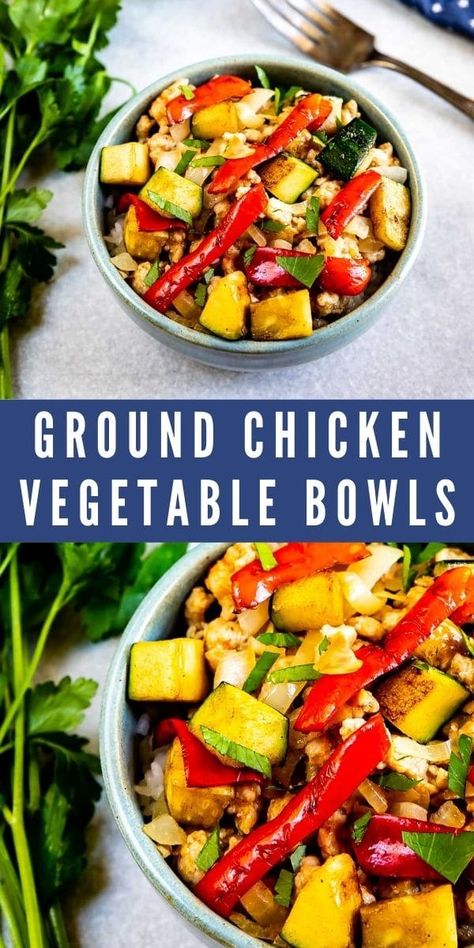 Ground Chicken And Brown Rice Recipes, Clean Eating Ground Chicken Recipes, Ground Chicken Veggie Stir Fry, Ground Chicken And Vegetables Recipes, Ground Chicken Recipes Healthy Meal Prep, Ground Chicken And Cauliflower Recipes, Ground Chicken Cauliflower Rice, Ground Chicken With Zucchini, Easy Rice Bowls Simple