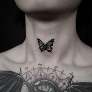 Tattooing with @theclasspen Butterfly Throat Tattoo, Front Neck Tattoo, Butterfly Neck Tattoo, Throat Tattoo, Tattoo Project, Home Tattoo, Dark Feminine Aesthetic, Black Ink Tattoos, Elegant Tattoos