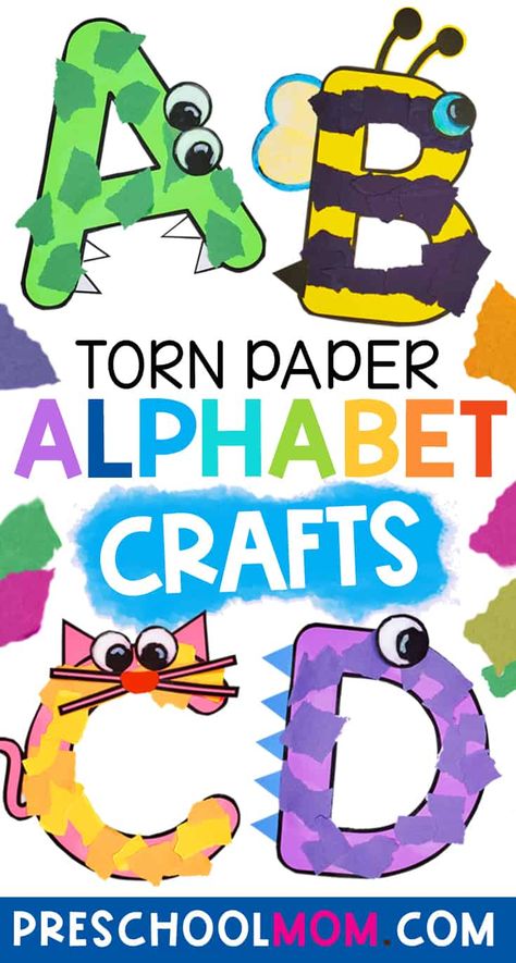 Kids get crafty while learning their ABCs with these adorable easy to assemble letter-based animals and objects! Get all 26 letter crafts for free in an instant download! #superstarworksheets #free #papertearing #lettercrafts #alphabetcrafts #preschool #kindergarten #toddlers #crafts A Arts And Crafts Letter, Learning Letter I Preschool, Letter Y Preschool Crafts, Learn My Name Preschool, Letter E Toddler Crafts, Letter P Arts And Crafts For Preschool, Letter Crafts For Preschoolers Alphabet, Letter P Crafts For Kindergarten, Abc Animal Letters