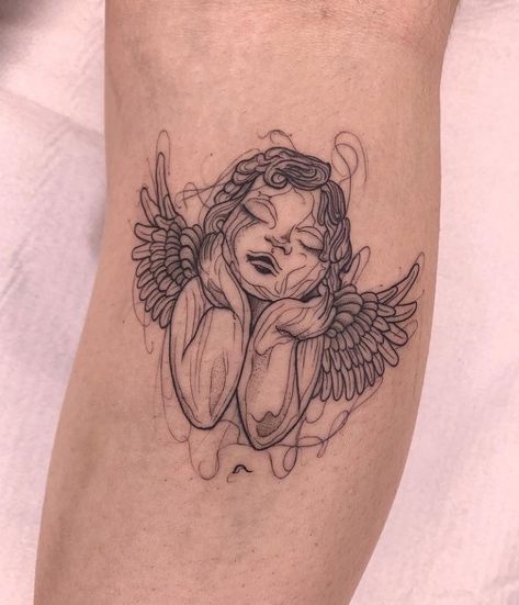 Tattoos For Child, Chin Tattoo Woman, Made With Love Tattoo, Upper Knee Tattoo Women, Woman Arm Tattoo, Thigh Tattoos Women Unique, A Tatoos, Angel Tattoo Arm, Patch Work Tattoos