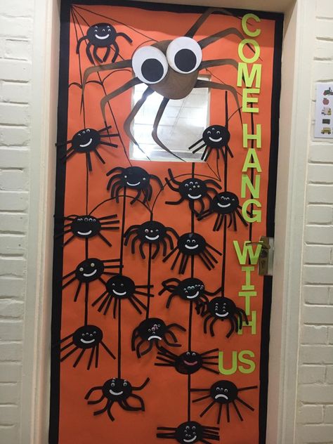 Haloween Decoracion Classroom Door, Spider Halloween Bulletin Board, Vampire Door Decorations Classroom, Come Hang With Us Halloween Door, Halloween Door Display, How To Decorate A Classroom Door, Spider Classroom Door, Halloween Pumpkin Door Decorations, Spider Door Decoration