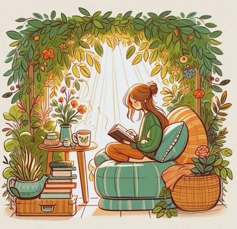 Reading Nook Illustration, Hygge Style Interior Design, Library Illustration, Book In Hand, 동화 삽화, Beloved Book, Reading Art, Book Illustration Art, Girly Art Illustrations