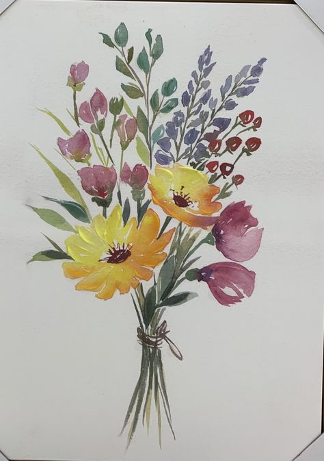 Watercolor Bouquet Of Flowers, Flower Bouquet Painting Easy, Flower Bouquet Paintings, Watercolor Flower Bouquet, Bouquet Of Flowers Drawing Paintings, Bouquet Of Flowers Illustration, Watercolor Bouquet Easy, Watercolour Bouquet, Flower Bouquet Watercolor