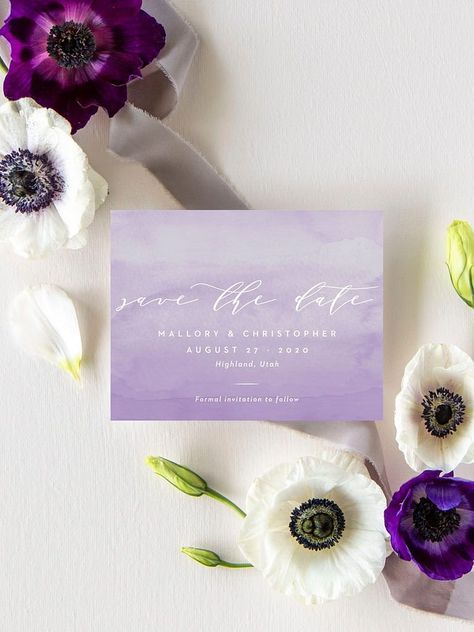 Purple Watercolor Save The Date Wedding Stationery Date Card Ideas, Save The Date Card Ideas, Purple Save The Dates, Unique Save The Dates, Rustic Save The Dates, Modern Save The Dates, Memorable Wedding, Engagement Ideas, Save The Date Magnets