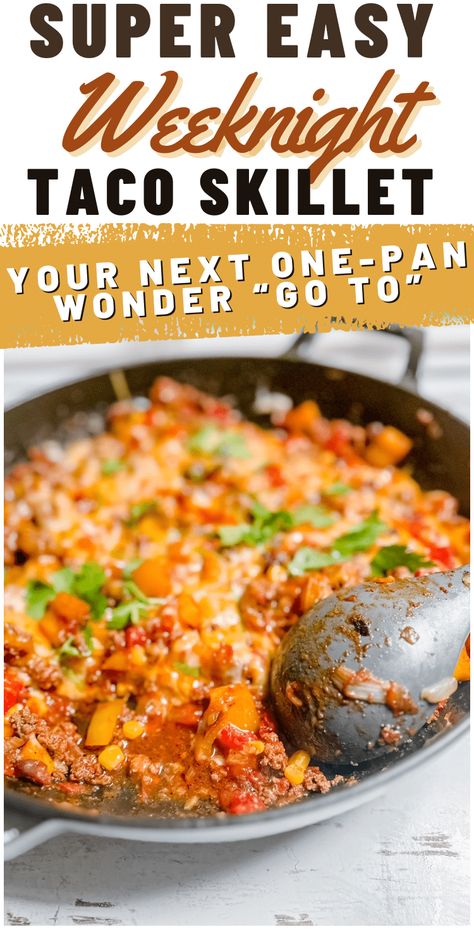 Discover the joy of effortless weeknight cooking with our Easy Weeknight Taco Skillet recipe! This one-pan wonder is not only simple and quick to prepare, but it's also brimming with flavor, ensuring a delightful dinner with minimal cleanup. Taco Skillet Recipe, Taco Skillet, Skillet Dishes, One Dish Dinners, Quick Dinners, Hot Dog Recipes, Mexican Food Recipes Easy, Easy Pork, Skillet Meals