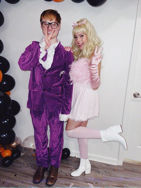 Pretty Women Couple Costume, Couples Costumes Blonde, Couple Halloween Costumes For Blondes, Pretty Woman Costume Couple, Austin Powers Couples Costume Halloween, Blonde Couples Halloween Costume, Austin Powers Costume Couple, Fembots Costume, Austin Powers Halloween Costumes