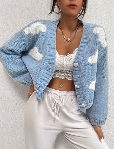 Cloud Cardigan, Fluffy Knit, Drop Shoulder Cardigan, Cloud Pattern, Cropped Cardigan Sweater, Legging Sport, Party Dress Long Sleeve, Button Sweater, Puff Sleeve Dresses