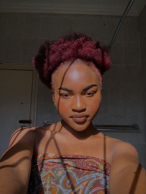 Wine Dyed Natural Hair, Burgundy 4c Natural Hair, Burgundy Short Hair Black Women, Red Hair 4c, Afro Red Hair, Burgundy Afro, Burgundy Natural Hair, Styled Braids, Afro Hair Dye