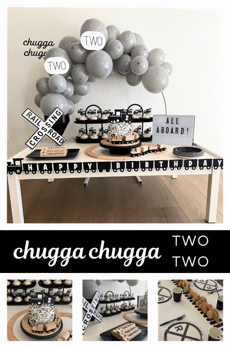 3 Year Train Party, Modern Train Birthday Party, Two Train Birthday Party, Chugs Chugga Two Two, Chugs Chugs Two Two Birthday, Boys 2nd Birthday Party Ideas, Two Two Train Birthday Party, Birthday Party Train Theme, Chugga Chugga Two Two 2nd Birthday