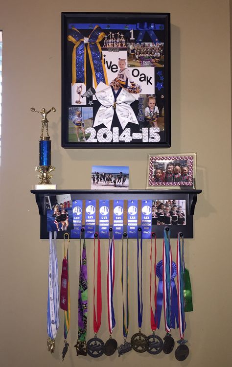 Shelves For Pageant Crowns, Cheer Uniform Display Ideas, Cheer Trophy Display Ideas, Cheerleading Medal Display Ideas, Cheer Shadow Box Ideas Gifts, Cheer Award Display Ideas, Gymnastics Shadow Box Ideas, Cheerleading Shadow Box Ideas, Cheer Bow Shadow Box Ideas