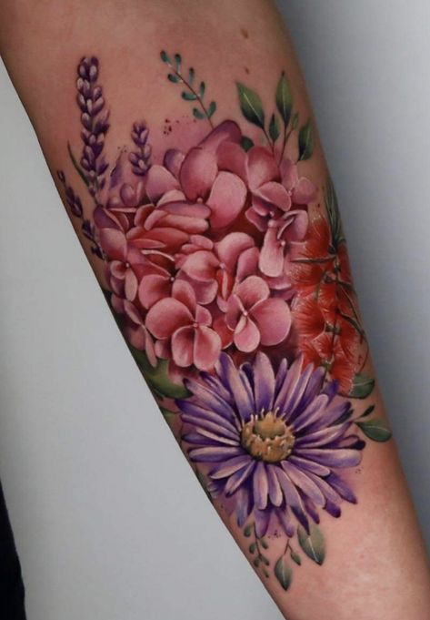 Colourful Flower Tattoos For Women, Coloured Floral Tattoo, Lightly Colored Flower Tattoo, Flower And Butterfly Tattoo Sleeve Color, Flower Tattoos For Women Color, Flower Tattoos In Color, Floral Tattoo Colorful, Floral Half Sleeve Tattoo Upper Arm Color, Colour Flower Tattoos