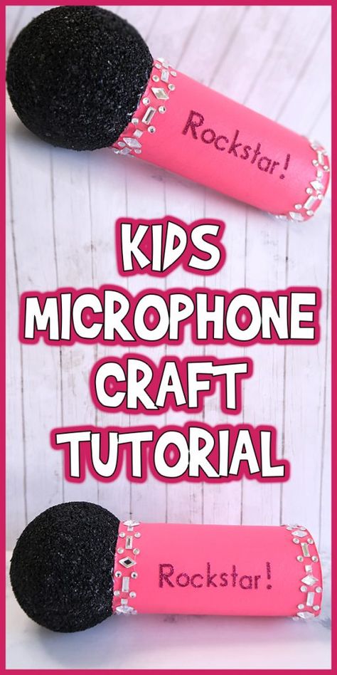 Kids Microphone Craft Tutorial Hollywood Crafts, Microphone Craft, Kids Birthday Crafts, Kids Microphone, Dance Crafts, Dance Camp, Summer Camp Crafts, Music Crafts, Cheap Crafts