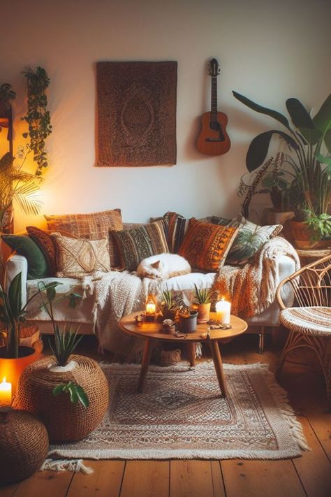 The living room of a plant and music lover: This image shows us how you can create a personalized space with plants 🌿 and music 🎶. The living room is full of hanging and potted plants, which add life and freshness to the environment 🍃. There is also a guitar 🎸 on the coffee table, indicating that the owner of the house enjoys playing this instrument 🎵. The beige sofa is the perfect place to rest and admire the painting on the wall 🖼️. Earthy Music Room, Instruments In Living Room, Boho Music Living Room, Cozy Plant Living Room, Guitars On Wall Living Room, Hippy Living Room, Boho Music Room, Bohemian Office Space, Cozy Boho Living Room Inspiration