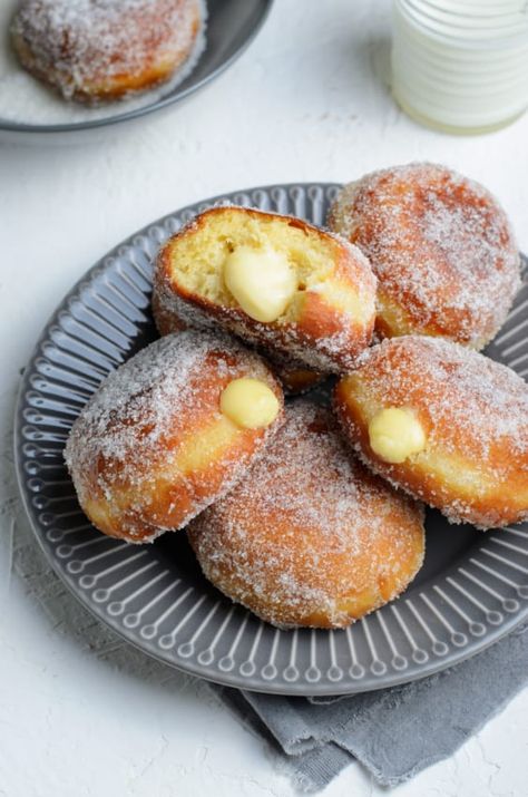 Polish Donuts Recipes, Homemade Paczki, Paczki Recipe, Custard Donuts, Poland Recipes, Cream Donut Recipe, Polish Donut, Brioche Donuts, Farmhouse On Boone