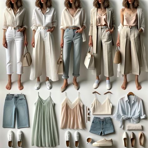 Neutral Outfit Ideas Women, Capsule Wardrobe Looks, Clothing Pictures Boutique, Soft Autumn Summer Capsule, Soft Summer Outfits Inspiration Style, Soft Summer Casual Outfits, Soft Summer Fashion Outfit Ideas, Soft Summer Aesthetic Outfits, Warm Tone Outfits Style