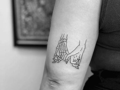 Skeleton Hand Couple Tattoo, Skeleton Holding Hands Tattoo, Holding Pinkies Tattoo, Skeleton And Hand Pinky Promise, Skeleton Couple Tattoo Romantic, Skeleton Pinky Promise Tattoo, Holding Pinkies, Pinky Promise Tattoo, Promise Tattoo