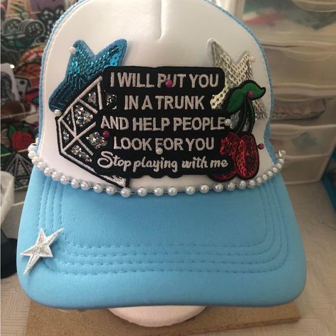 Custom Made Trucker Hat With Embroidery Patches And Chain Painted Trucker Hats, Trucker Hats With Patches, Swag Hats, Hat Bar, Bar Diy, Custom Trucker Hats, Baseball Trucker Hat, Diy Bar, Ball Caps