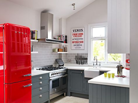 Kitchen cabinets in Mercury by Fired Earth complement the splash of red! [Design: Williams Ridout] Red Smeg Kitchen Ideas, Red Fridge Kitchen Design, Red Fridge Kitchen, Red Fridge, Red Refrigerator, Small Kitchen Ideas On A Budget, Colonial Kitchen Remodel, Tiny Farmhouse, Smeg Fridge