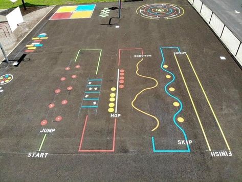 Playground sensory trail for Elementary Schools Hopscotch Ideas Sidewalk Paint, Floor Sensory Path, Cute Hopscotch Ideas, Sensory Walking Path In School Outside, Preschool Playground Activities, Playground Sensory Path, Recess Ideas School Outdoor, Playground Games Painted, Playground Sidewalk Ideas