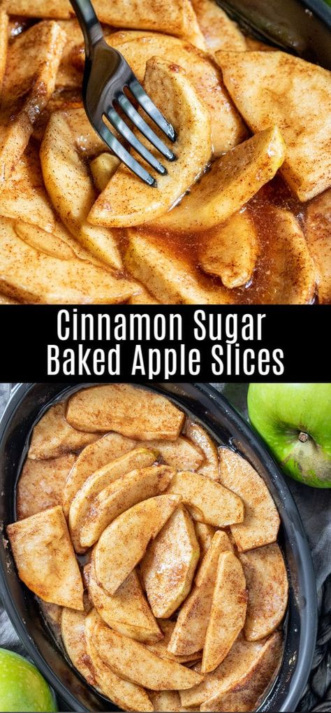 This easy recipe for baked apple slices adds a little cinnamon and sugar to green apples for the perfect fall dessert! Cinnamon and sugar apple slices are baked in the oven until they are bubbling and perfectly cooked. It's like apple pie without the crust! Serve them with a scoop of vanilla ice cream on top for the best apple dessert recipe! #apples #dessert #fall #baked #homemadeinterest Dessert Cinnamon, Best Apple Desserts, Baked Apple Slices, Apple Slice Recipe, Baked Apple Recipes, Apple Recipes Easy, Apple Dessert, Fall Desserts Easy, Apple Dessert Recipes