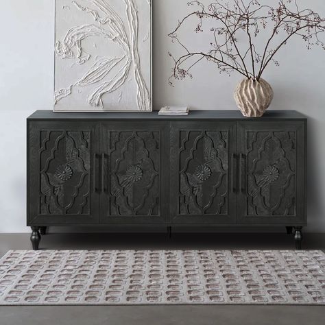 Black Buffet Table, Black Buffet Sideboard, Cabinet Legs, Flower Door, Large Storage Cabinets, Carved Flowers, Sideboard Grey, Wood Storage Cabinets, Interior Dimensions