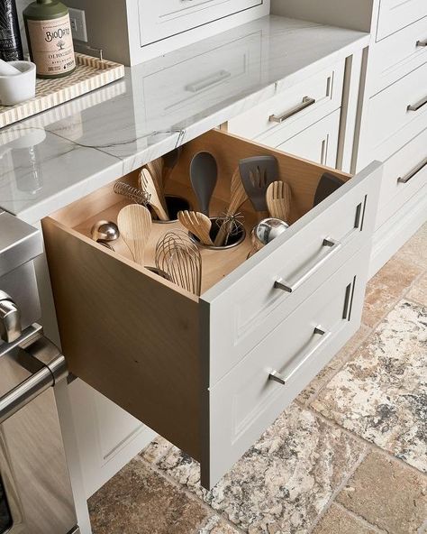 Custom kitchen utensils in a gray drawer organize the space finished with gray quartzite countertops and stainless steel appliances. Utensils Organization Ideas, Kitchen Utensil Drawer, Utensil Drawer, Kitchen Inspiration Design, Pantry Design, Kitchen Drawers, Kitchen Redo, Drawer Organizers, Kitchen Cabinet Design