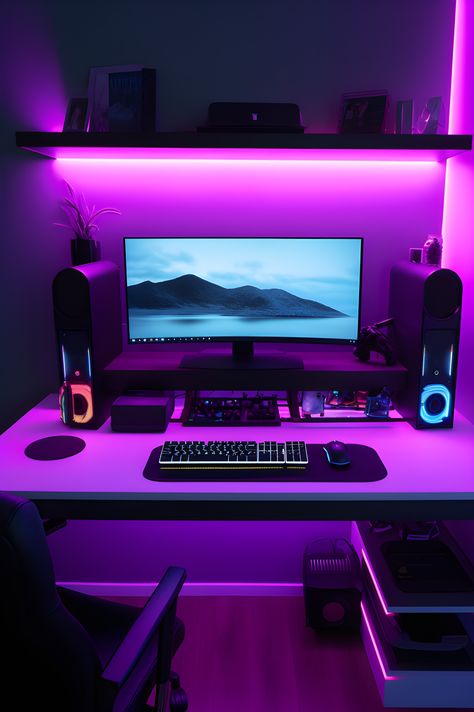 Desk setup with pink neon light Neon Pc Setup, Gaming Setup Color Schemes, Desk Rgb Lighting, Neon Desk Setup, Desk Setup Clean, Rgb Desk Setup, Neon Light Bedroom Aesthetic, Neon Lights Office, Neon Workspace