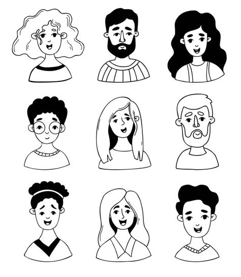 Collection cartoon portraits of people. Vector isolated faces of women, men, children in doodle style. Face Doodles, Portraits Of People, Doodle Style, Cartoon Portrait, Drawing Cartoon, Woman Face, Cartoon Drawings, Women Men, Vector Free