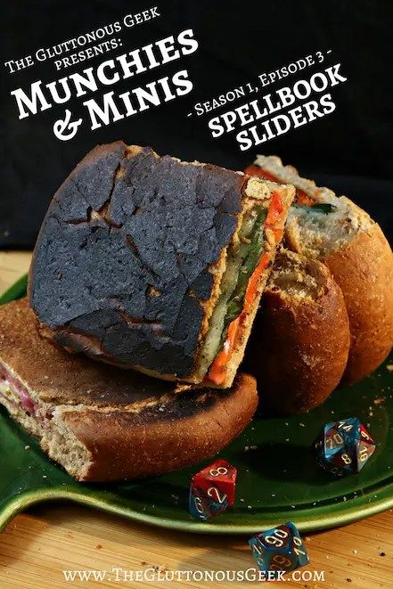 Munchies & Minis | S1E3: Spellbook Sliders - The Gluttonous Geek Dnd Recipes, Fantasy Feast, Dragon Recipe, Dnd Night, Nerdy Food, Dnd Food, Nerd Food, Fictional Food, Historical Food