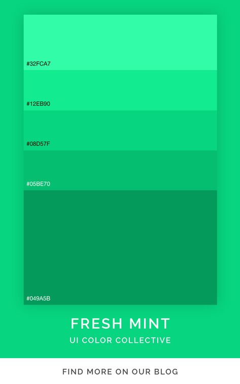 Mint green color palette inspiration for interior design and UI projects. Find more on the UI color collective blog. Mint Logo Design, Neon Green Color Palette, Green Branding Color Palette, Mint Green Color Palette, Mint Color Palette, Flat Design Colors, Green Website, Mint Color Palettes, Mint Palette