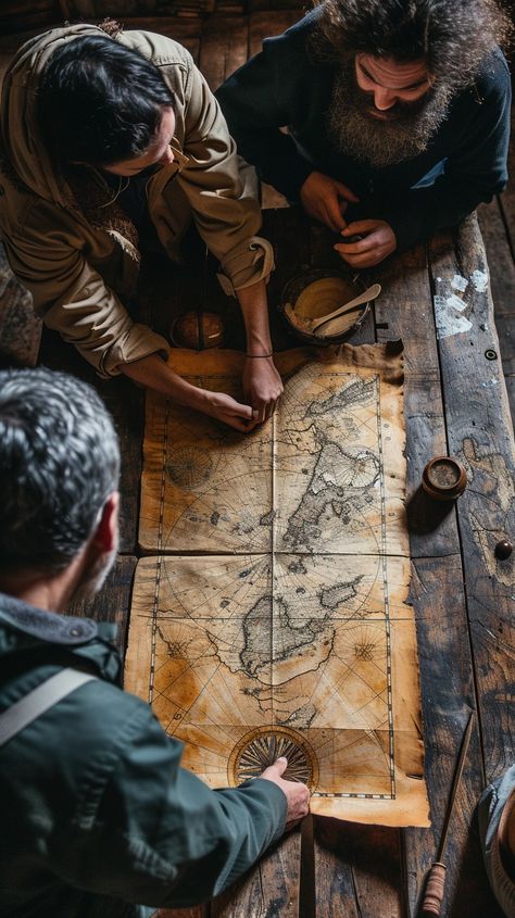 Planning Adventure Together: Three explorers gather around an old map laid out on a wooden table, plotting a journey. #exploration #map #planning #wooden table #adventure #route #journey #collaboration #aiart #aiphoto #stockcake https://ayr.app/l/jGMW Old Map Aesthetic, Map Aesthetic, Maps Aesthetic, Christmas Lights Wallpaper, Explorer Map, Lights Wallpaper, Worlds Apart, Map Maker, Rustic Wooden Table