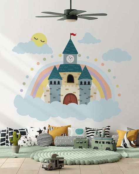 This is a decorative piece that depicts the image of a castle or castle walls. It offers a touch of fantasy and charm, bringing a sense of enchantment and imagination to any space. Teen Girl Bedrooms Aesthetic, Kids Room Wall Paint, Princess Mural, Stickers Princess, Bedroom Inspirations For Small Rooms, Stickers For Boys, Nursery Themes Neutral, Magical Bedroom, Wall Decals Nursery