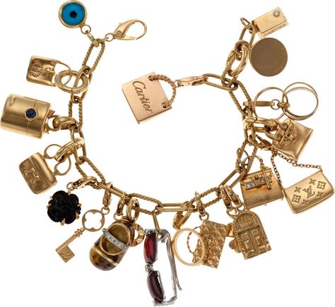 Stunning 18k Yellow Gold Charm Bracelet with 19 18k Gold Hermes, Chanel, Louis Vuitton, Cartier, Tiffany & Co., and Aaron Basha Charms Tiffany Charms, Chanel Charm Bracelet, Jewellery Tiffany, Designer Charms, Chanel Outlet, Vintage Charm Bracelet, Chanel Chanel, Tiffany Jewelry, Womens Handbags