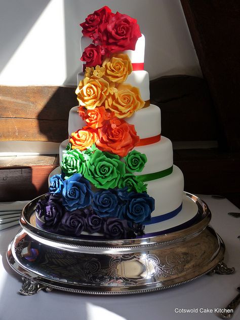 5 Tier Wedding Cake, Cakes Rainbow, Cascading Roses, Rainbow Wedding Theme, Rainbow Wedding Cake, 5 Tier Wedding Cakes, Gay Wedding Cakes, Rainbow Gifts, Rainbow Cakes