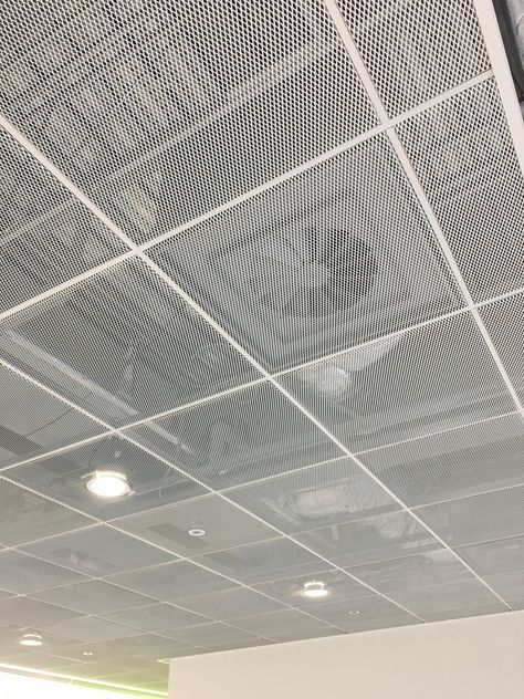 Open Ceiling Design Office, Perforated Ceiling Design, Metal Ceiling Design Interiors, White Mesh Ceiling, Act Ceiling Design, Retail Ceiling Design, Mesh Ceiling Design, Arch Ceiling Design, Grid Ceiling Design