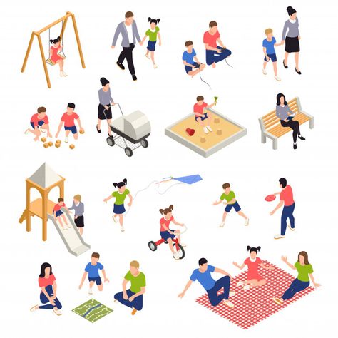 Family playing isometric icons set with parents and children isolated | Free Vector Mobility Illustration, Isometric Icons, Vector Illustration People, Bunny Sketches, Family Playing, Urban Design Diagram, People Cutout, Architecture People, Architecture Concept Diagram