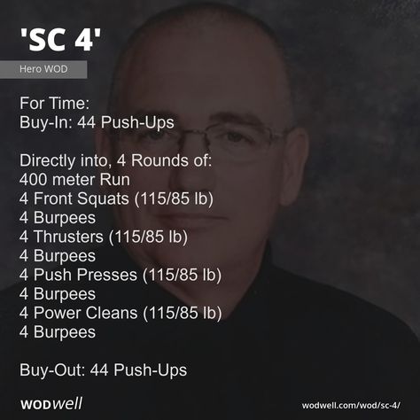 "SC 4" WOD Hero Wods Workouts, Hero Workouts Crossfit, Barbell Wod, Station Workouts, Crossfit Wod Gym, Garage Workouts, Wod Workouts, Crossfit Barbell, Wods Crossfit