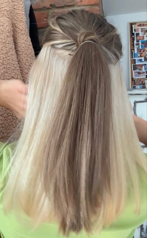 Blonde Front With Brown Hair, Split Dyed Hair Underneath Blonde, Front And Underneath Hair Dye Blonde, Under Dye Blonde, Underbleach Hair, Bleached Underside Of Hair, Under Bleached Hair, Blonde Hair Light Brown Underneath, Bottom Half Dyed Hair Blonde