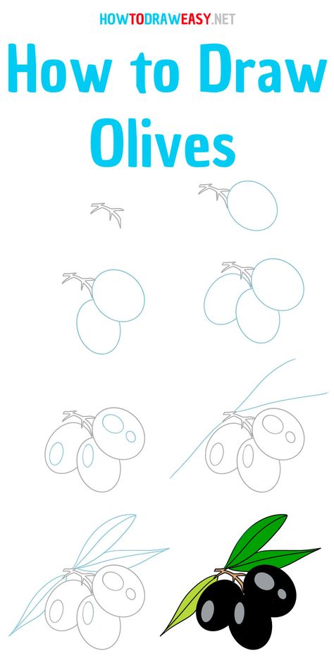 How to Draw an Olive - How to Draw Easy Draw Olive Tree, Olive Drawing Simple, Greece Drawing Simple, Olive Tree Branch Drawing, Spain Drawing Easy, Olive Cartoon Drawing, Italy Drawing Easy, Olive Doodle, Olives Drawing