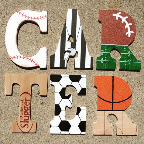 Wooden Sports Letters  Wood Sport Initials  by KidMuralsbyDanaR Boys Basketball Room, Gym Teacher Gifts, Basketball Nursery, Basketball Room Decor, Boom Kunst, Painted Wood Letters, Sports Bedding, Basketball Room, Sports Nursery