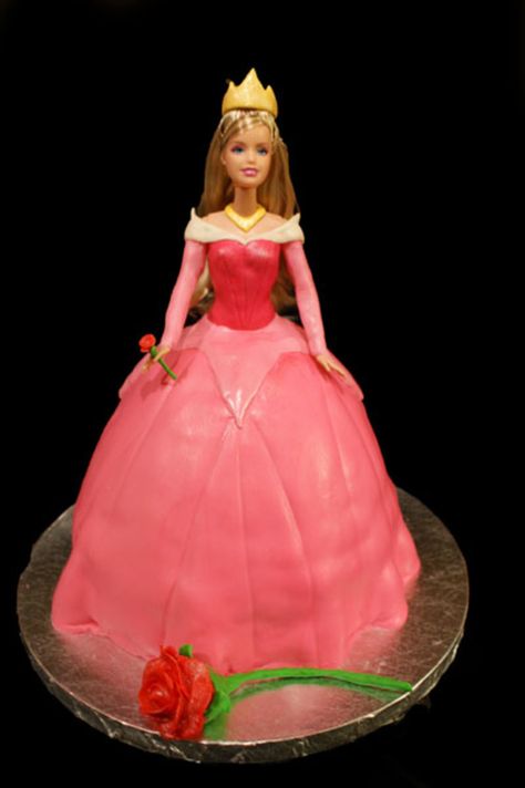 Princess Aurora doll cake Barbie Cake Design, Fairy Princess Cake, Princess Aurora Party, Barbie Cake Designs, Aurora Party, Aurora Cake, Barbie Doll Birthday Cake, Princess Aurora Dress, Sleeping Beauty Party