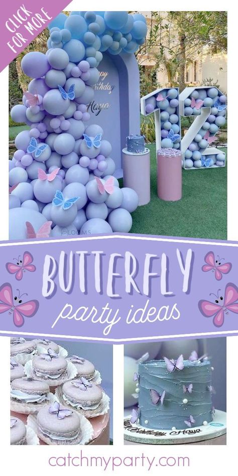 Birthday Party Ideas Butterflies, Butterfly Aesthetic Party, Blue And Purple Butterfly Birthday Theme, Butterfly 2nd Birthday Party Ideas, Pretty Birthday Party Themes, Buterfluffy Party Theme, Butterfly Decor Birthday, Butterfly Birthday Theme Ideas, One Year Old Butterfly Party